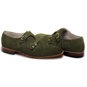 Men Green Double Monk Suede Leather Shoes