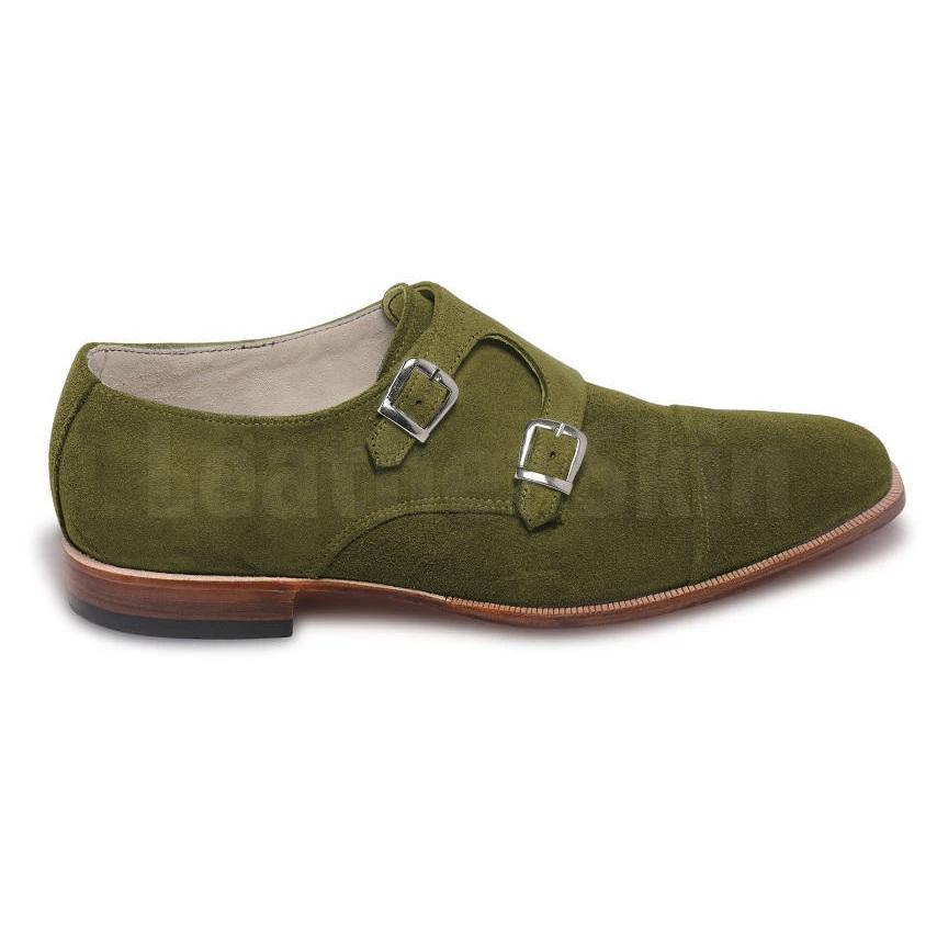 Men Green Double Monk Suede Leather Shoes