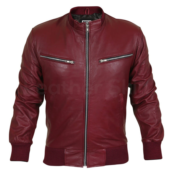 Home / Products / Men Maroon Red Genuine Leather Jacket with Elastic Bottom