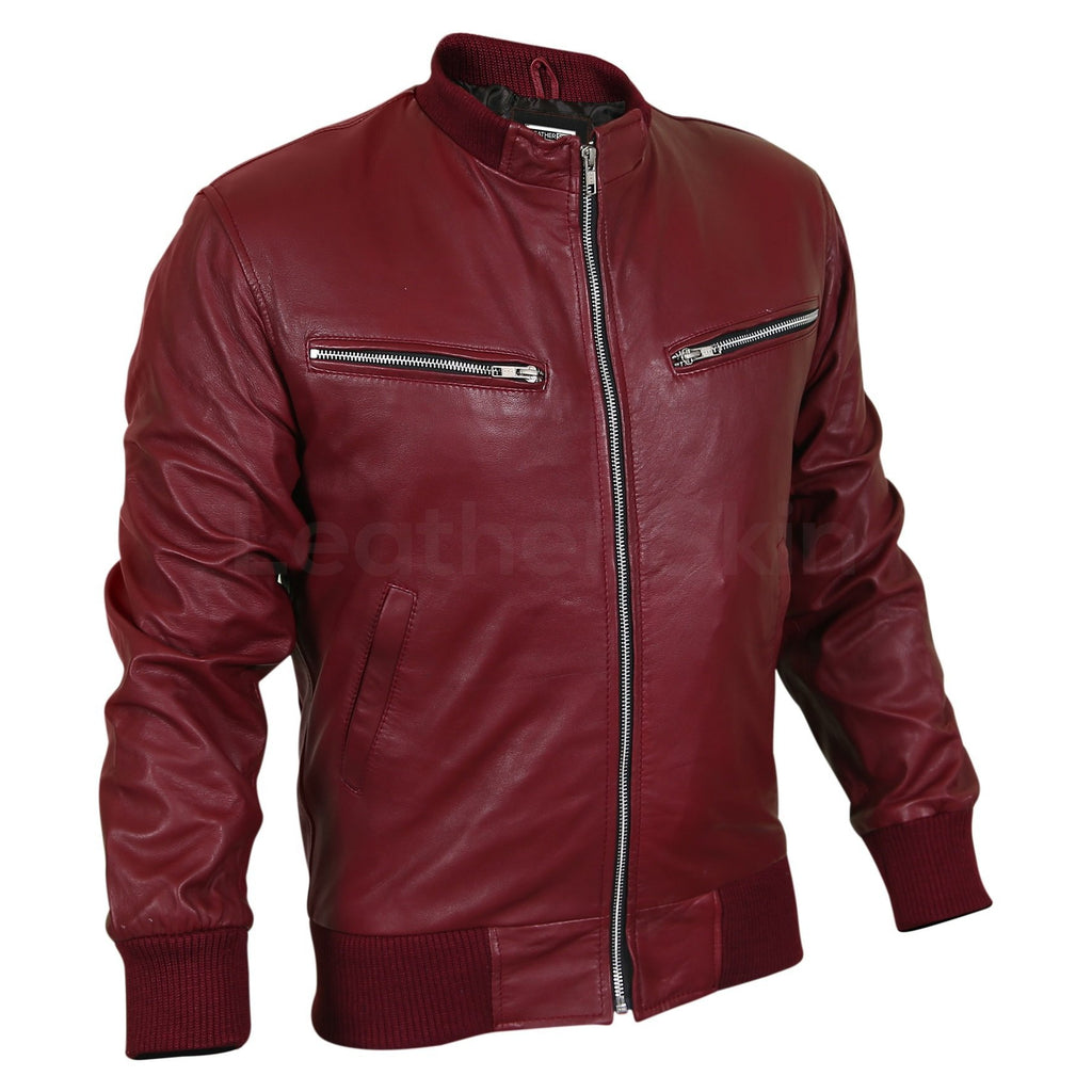 Men Maroon Red Genuine Leather Jacket with Elastic Bottom