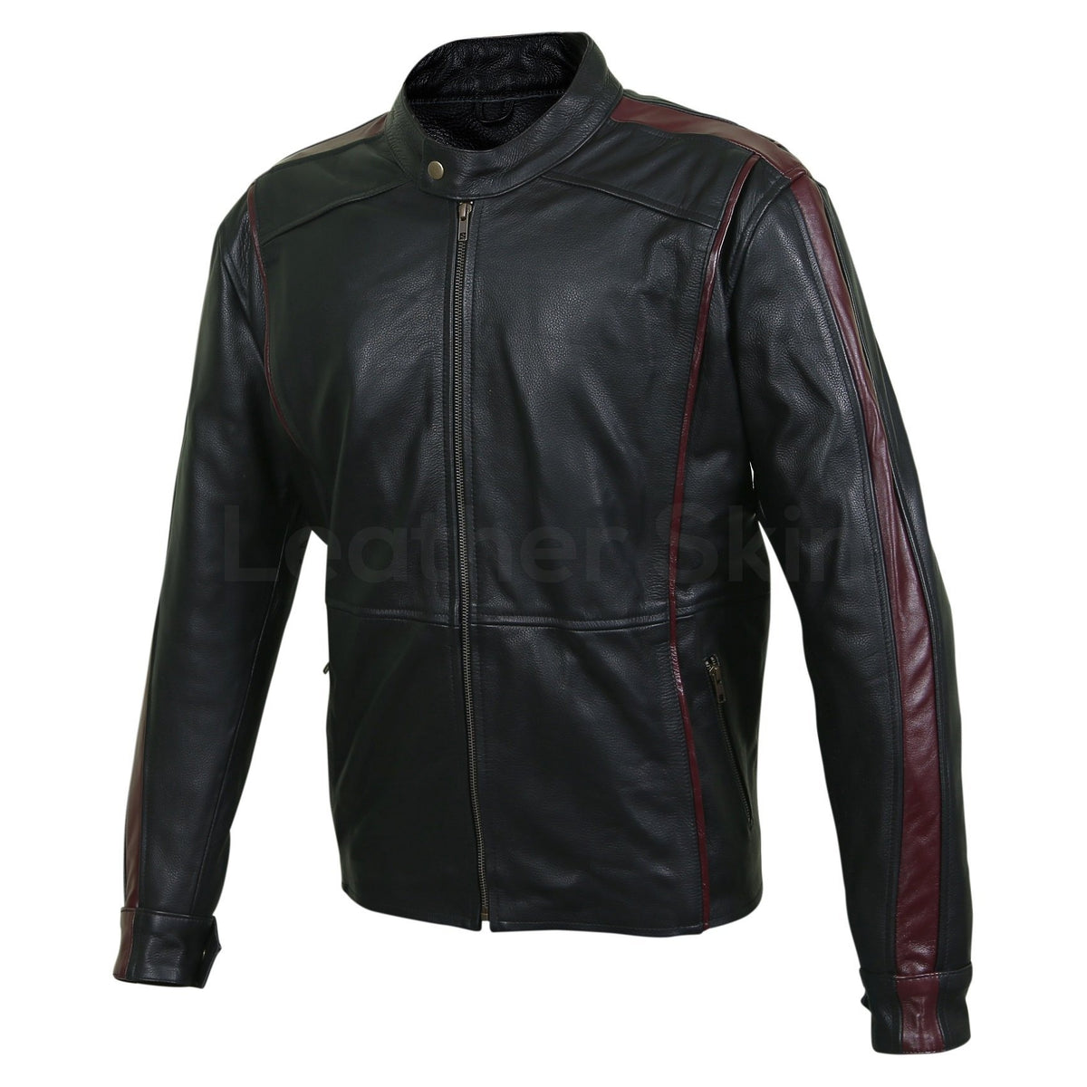 Men Maroon Red Stripe Panels Black Genuine Leather Jacket