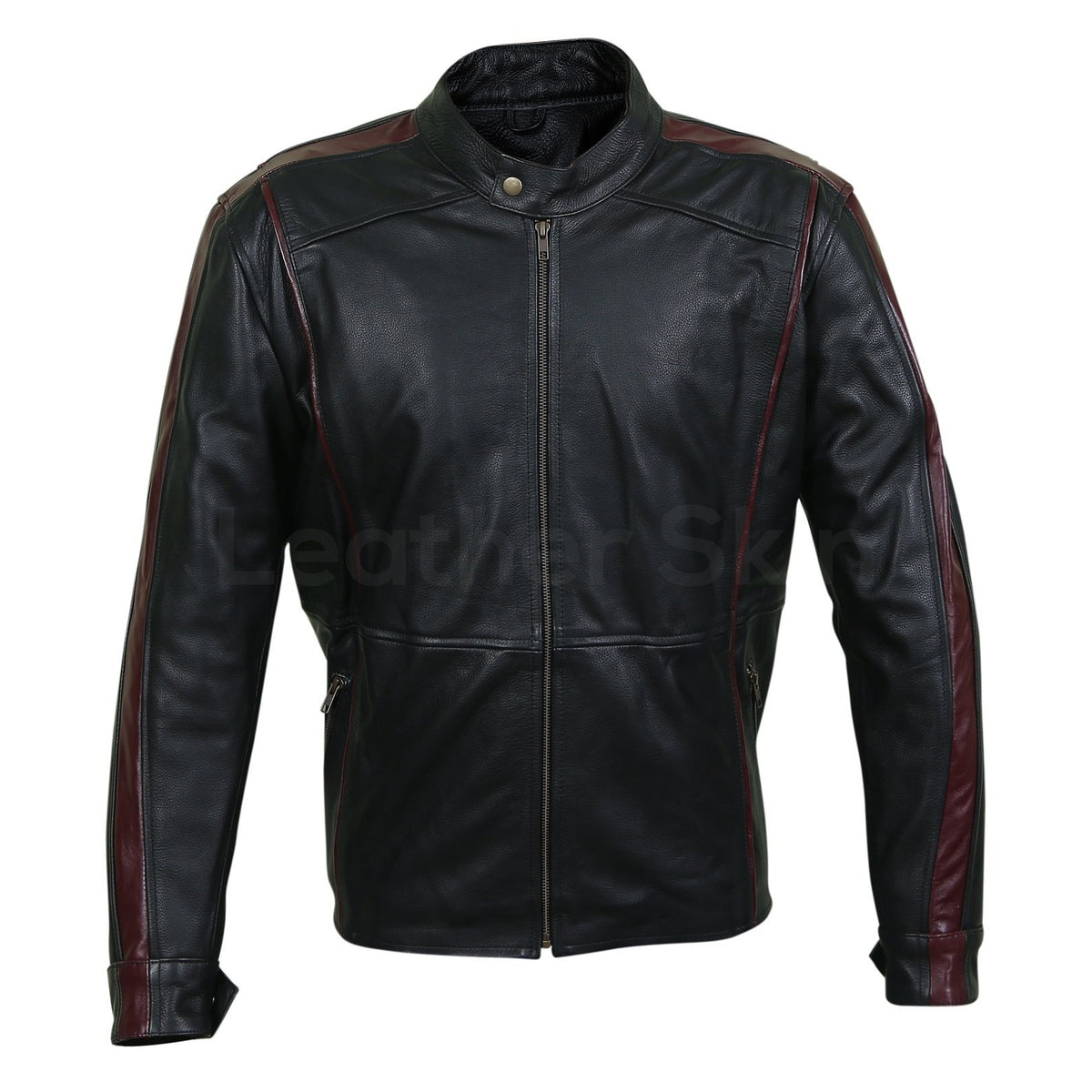 Black leather 2025 jacket red stripe