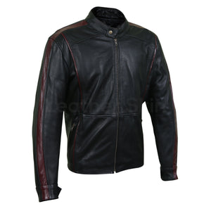 mens black genuine leather jacket with maroon stripes