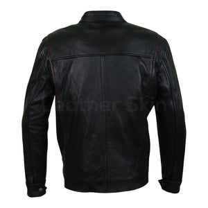 Men Maroon Red Stripe Panels Black Genuine Leather Jacket