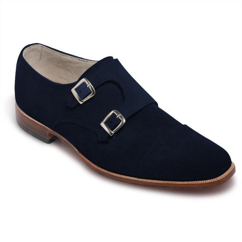 Men Navy Blue Double Monk Suede Leather Shoes
