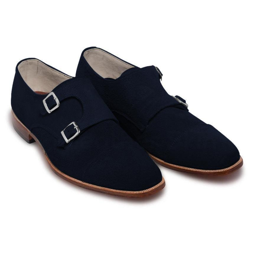 Men Navy Blue Double Monk Suede Leather Shoes Leather Skin Shop