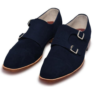 Men Navy Blue Double Monk Suede Leather Shoes
