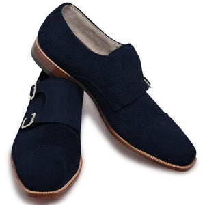 Men Navy Blue Double Monk Suede Leather Shoes