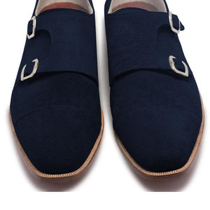 Men Navy Blue Double Monk Suede Leather Shoes