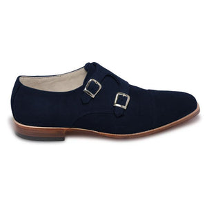 Men Navy Blue Double Monk Suede Leather Shoes