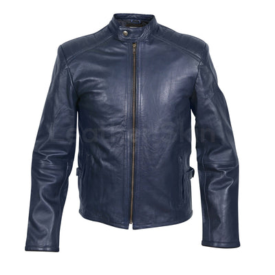 Home / Products / Men Navy Blue Genuine Leather Jacket with Rib Quilted ...