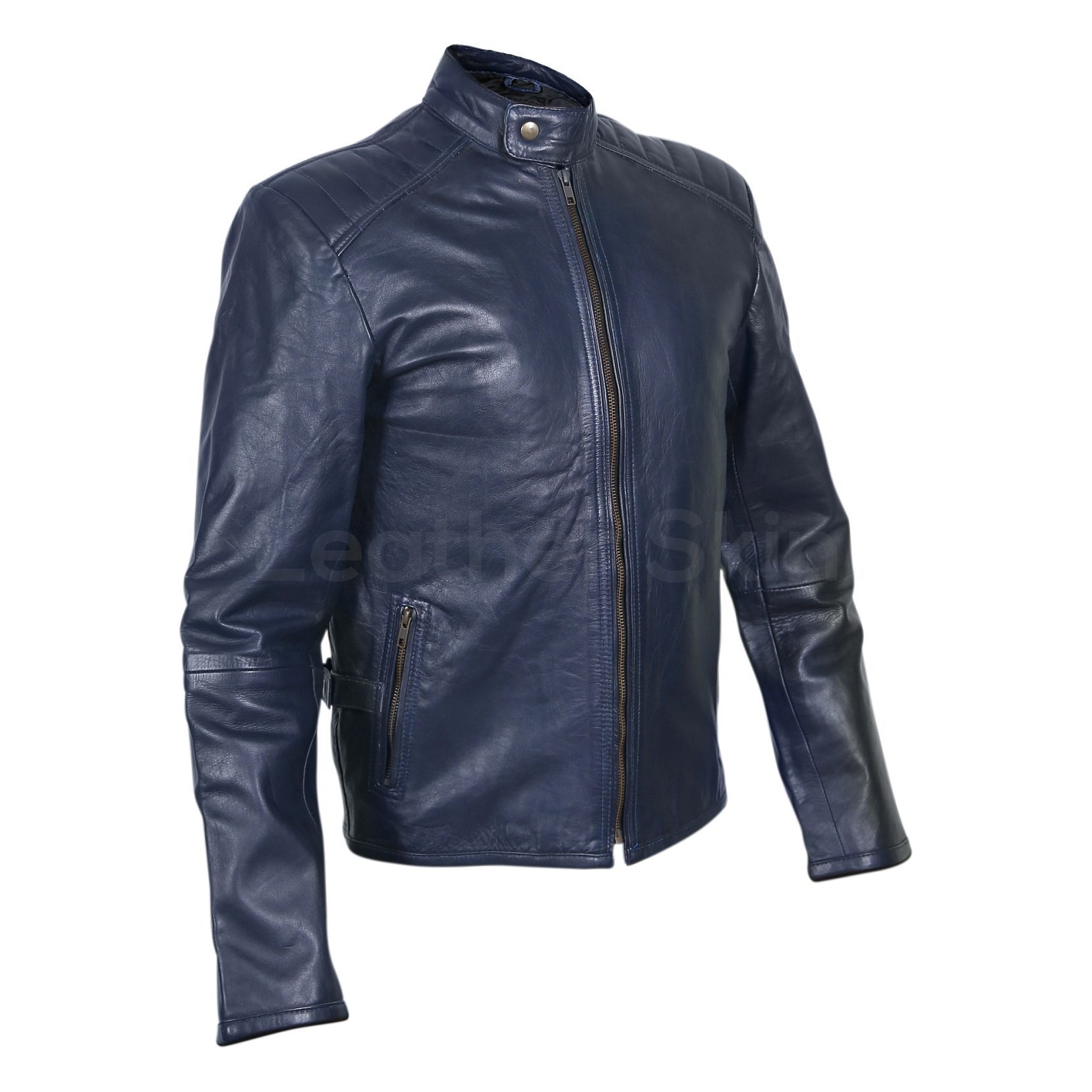 Men Navy Blue Genuine Leather Jacket with Rib Quilted Padded Shoulders