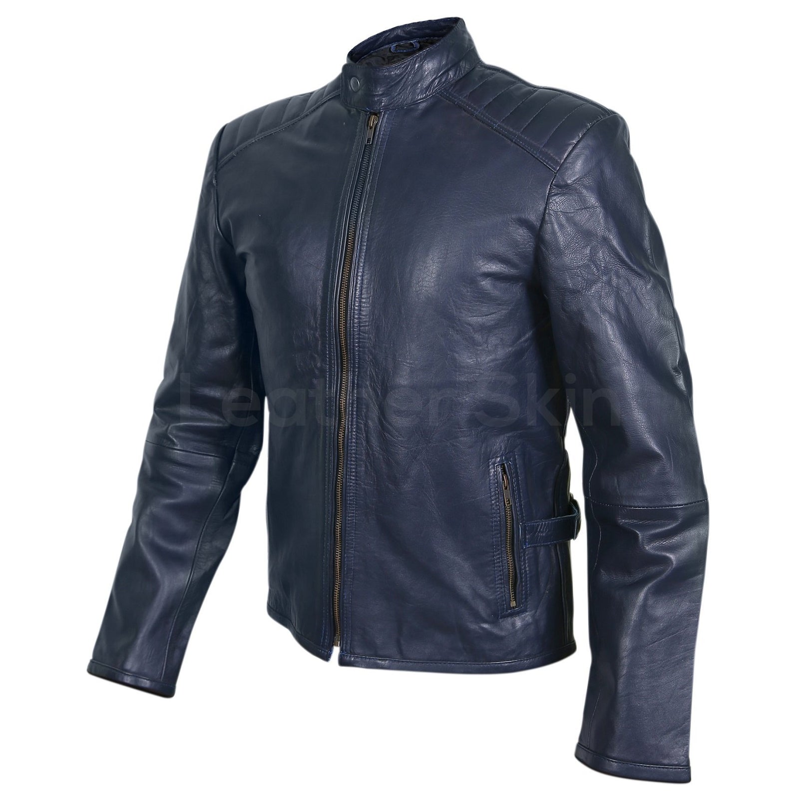 Men's Blue Leather Jacket round collar denim Marlon | D'Arienzo