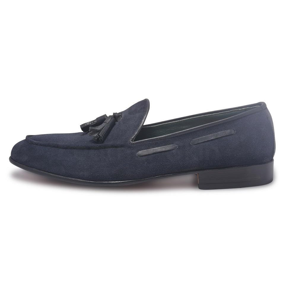 Handmade Men's Genuine Navy Blue Suede Tassel Loafers 