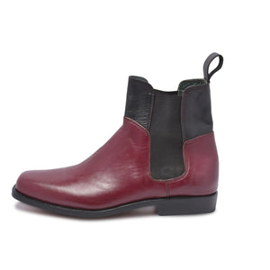 red Chelsea boots with black elastic