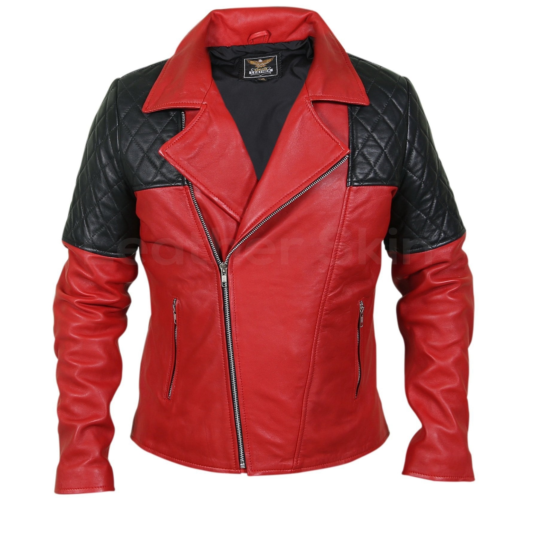 Men Red Genuine Leather Jacket with Black Diamond Quilted