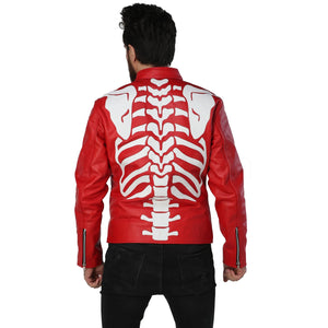 Leather Skin Men Red Skeleton Biker Motorcycle Genuine Leather Jacket