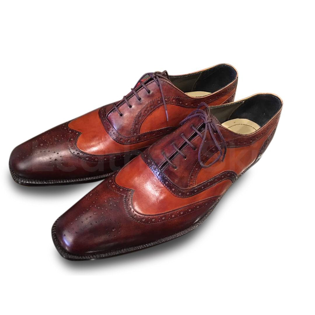 Men Two Tone Red Oxford Glossy Genuine Leather Shoes - Leather Skin Shop