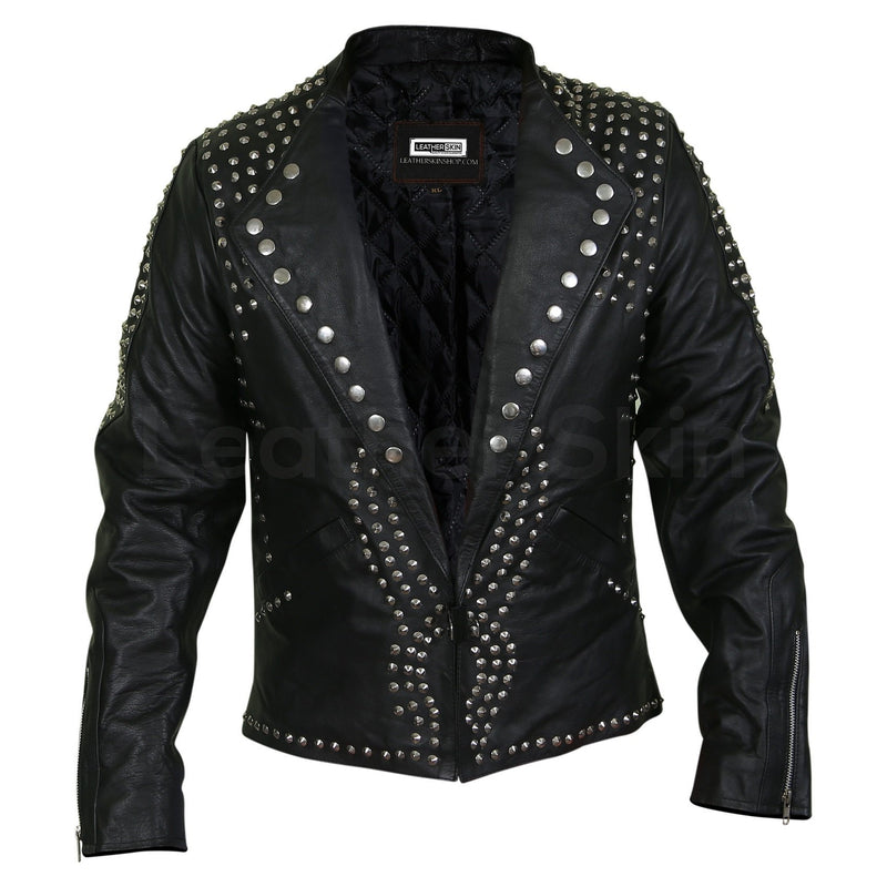 Home / Products / Men Black Jacket with Cone Spikes Stud on Shoulder