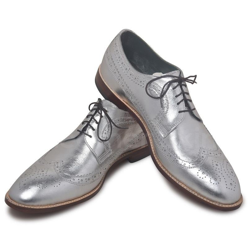 Men Silver Wingtip Brogue Derby Genuine Leather Shoes