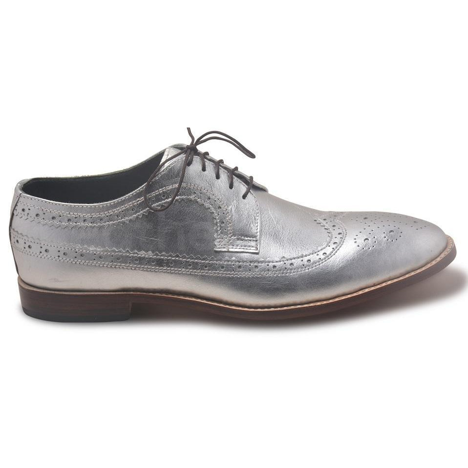 mens silver dress shoes Men Silver Wingtip Brogue Derby Genuine Leather Shoes