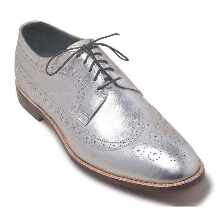 Men Silver Wingtip Brogue Derby Genuine Leather Shoes - Leather Skin Shop Men Silver Wingtip Brogue Derby Genuine Leather Shoes - Leather Skin Shop