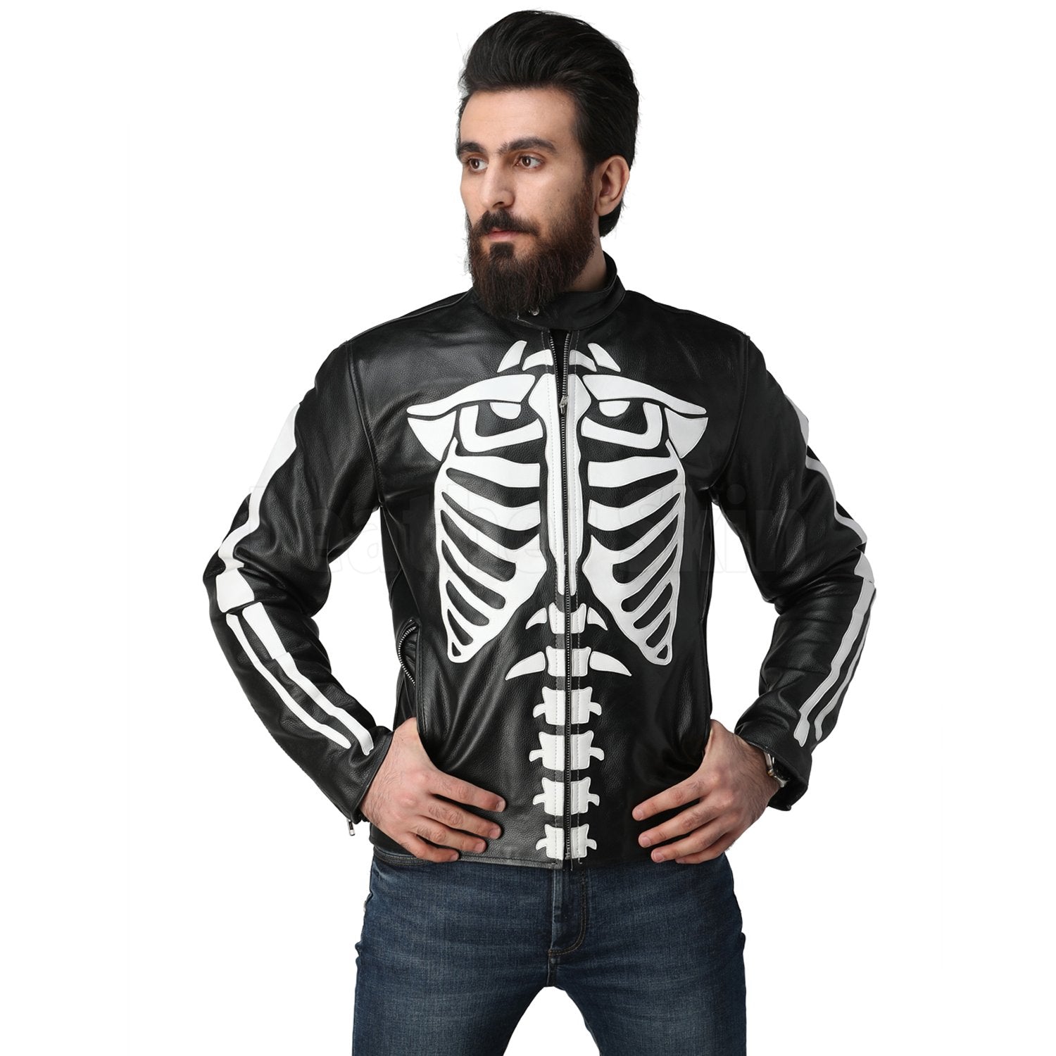 Leather Skin Men Skeleton Biker Motorcycle Genuine Leather Jacket