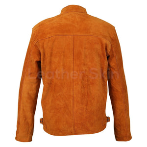 Men Tan Suede Leather Jacket with silver zippers