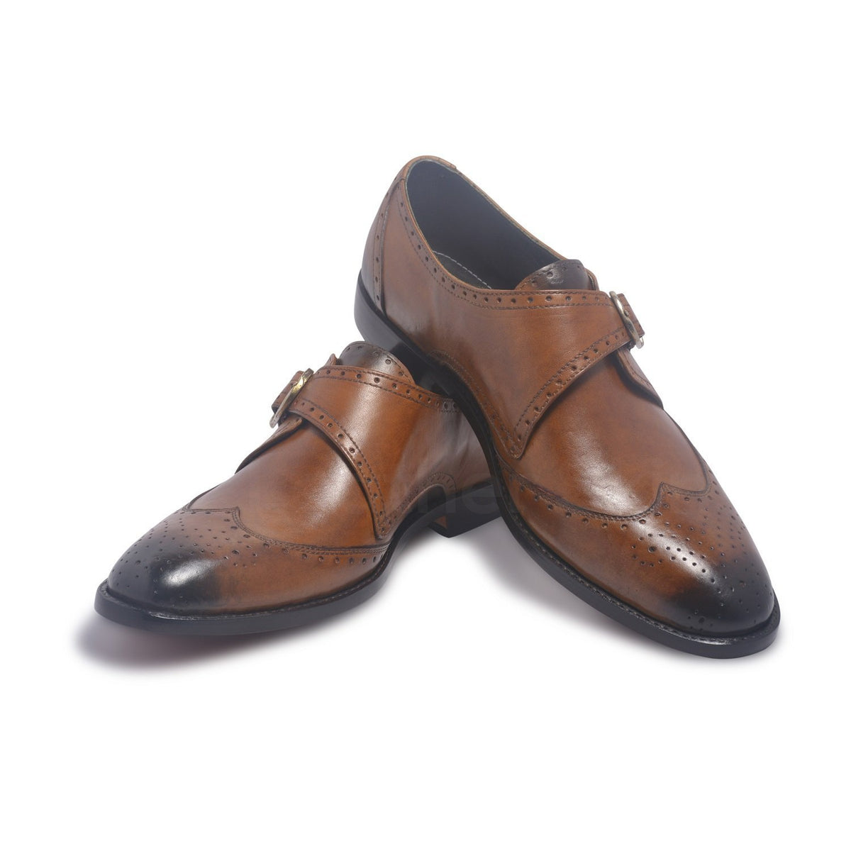 Men Brown Brogue Single Monk Strap Genuine Leather Shoes