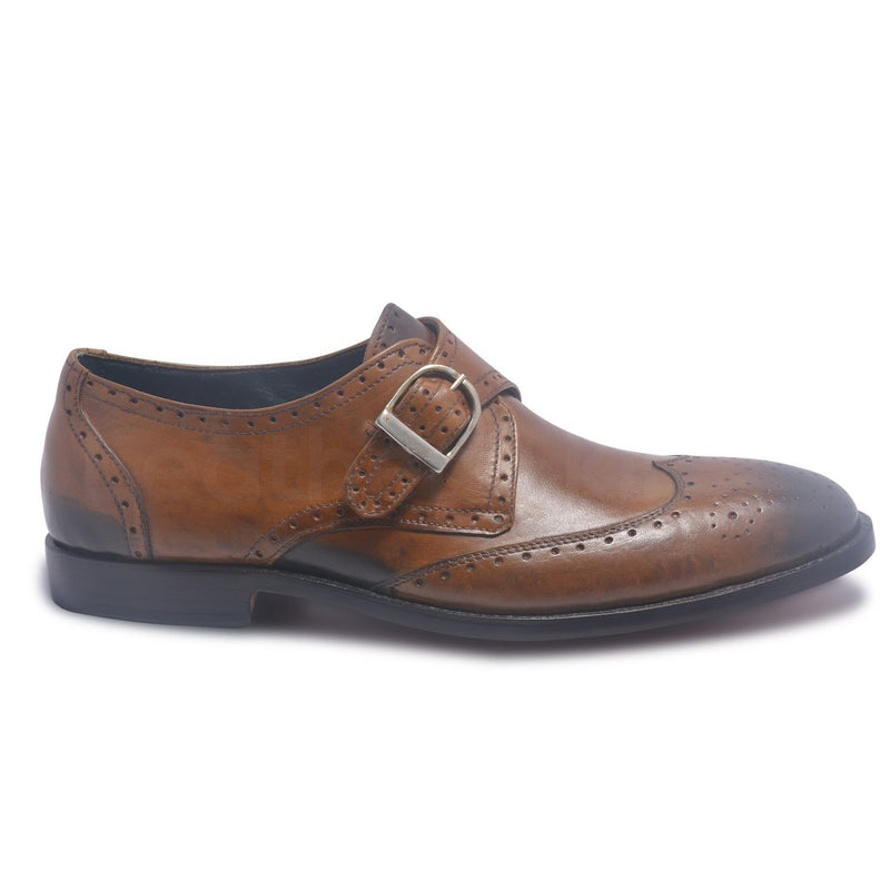 Men Brown Brogue Single Monk Strap Genuine Leather Shoes