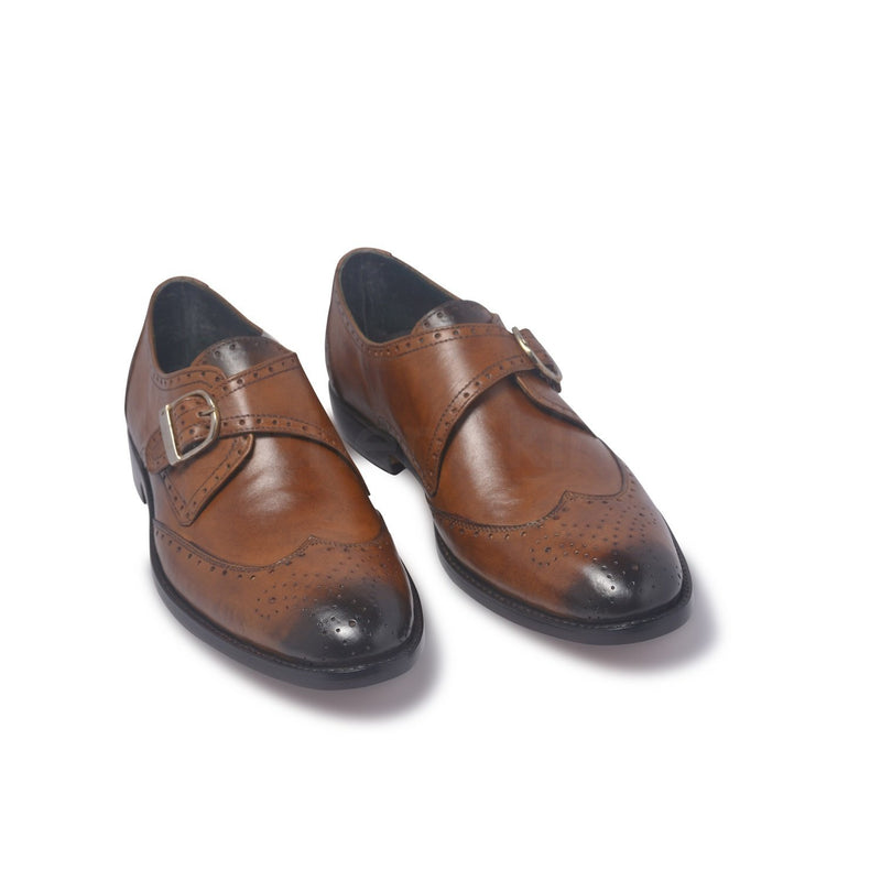 Men Brown Brogue Single Monk Strap Genuine Leather Shoes