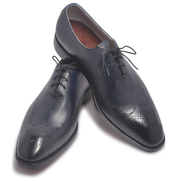 Men Two Tone Navy Blue Brogue Leather Shoes with Laces