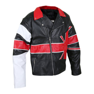 Men UK Union Flag Brando Genuine Black and Red Leather Jacket