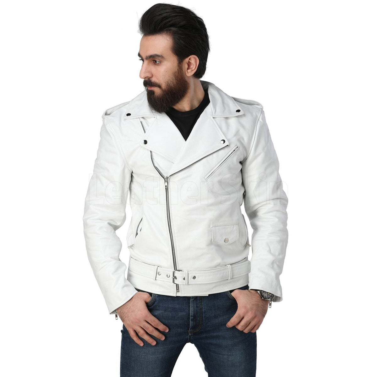 Men's Fashion Printed Denim Genuine Leather Jacket | PalaLeather, Black / XL