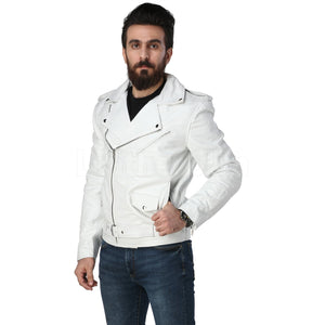 Men White Biker Leather Jacket