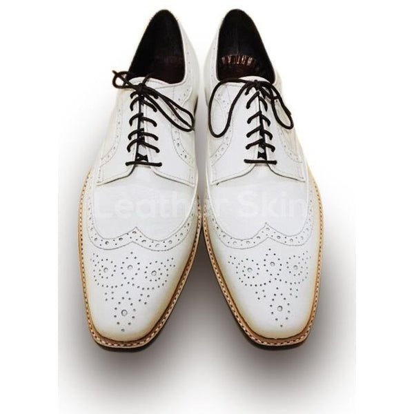 Men White Brogue Handmade Genuine Leather Shoes
