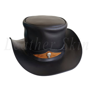 Men Handmade Black Genuine Aussie Leather Top Hat with Skeleton