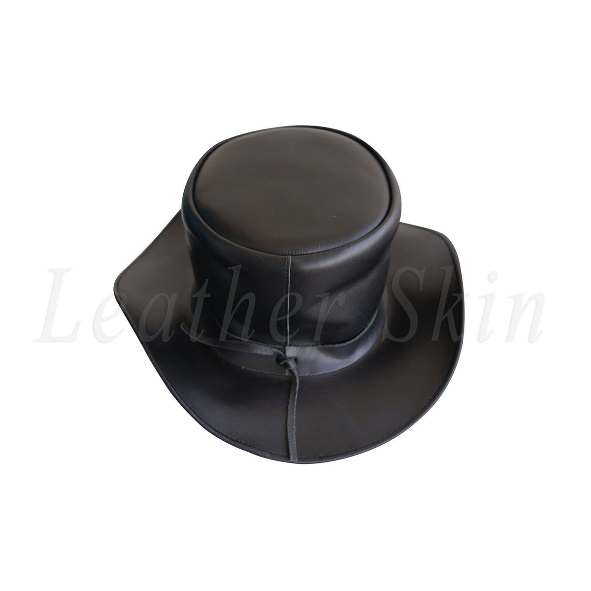 Men Handmade Black Genuine Aussie Leather Top Hat with Skeleton