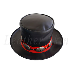 Men Black Leather Wild West Top Hat with Conchos Formal & Fancy Dress Red Stripe
