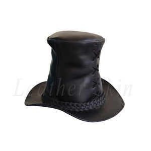 Men Genuine Black Leather Top Hat Steam Punk Gothic Corset Corsage