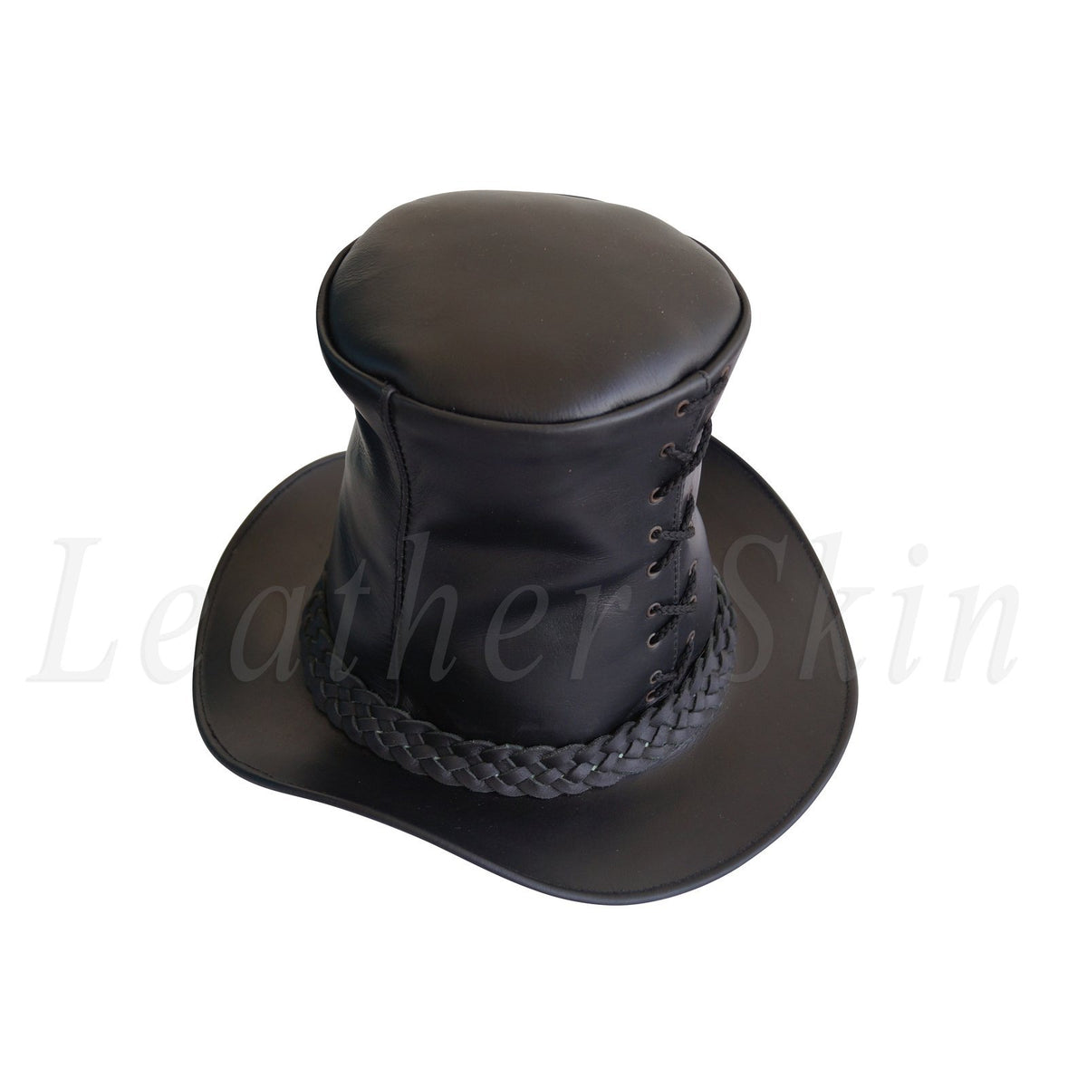 Men Genuine Black Leather Top Hat Steam Punk Gothic Corset Corsage