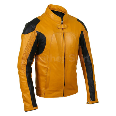 Men Yellow Biker Motorcycle Leather Jacket with Perforations