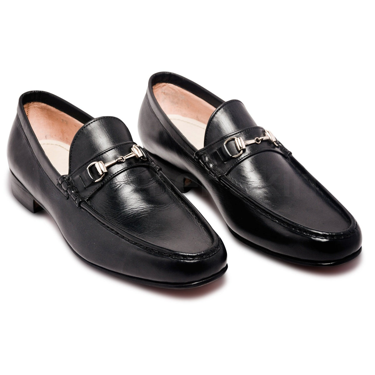 Mens Black Bit Loafers Shoes with Gold Metal Decoration Leather