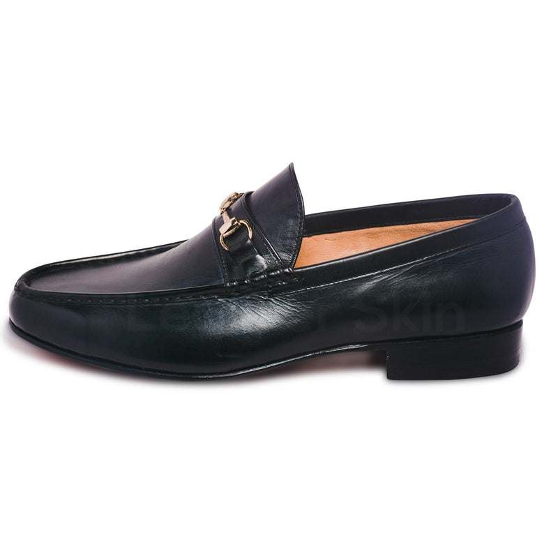 Mens Black Bit Loafers Shoes with Gold Metal Decoration