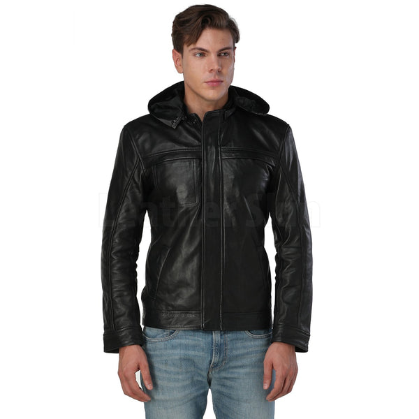 Home / Products / Men’s Black Hooded Leather Jacket
