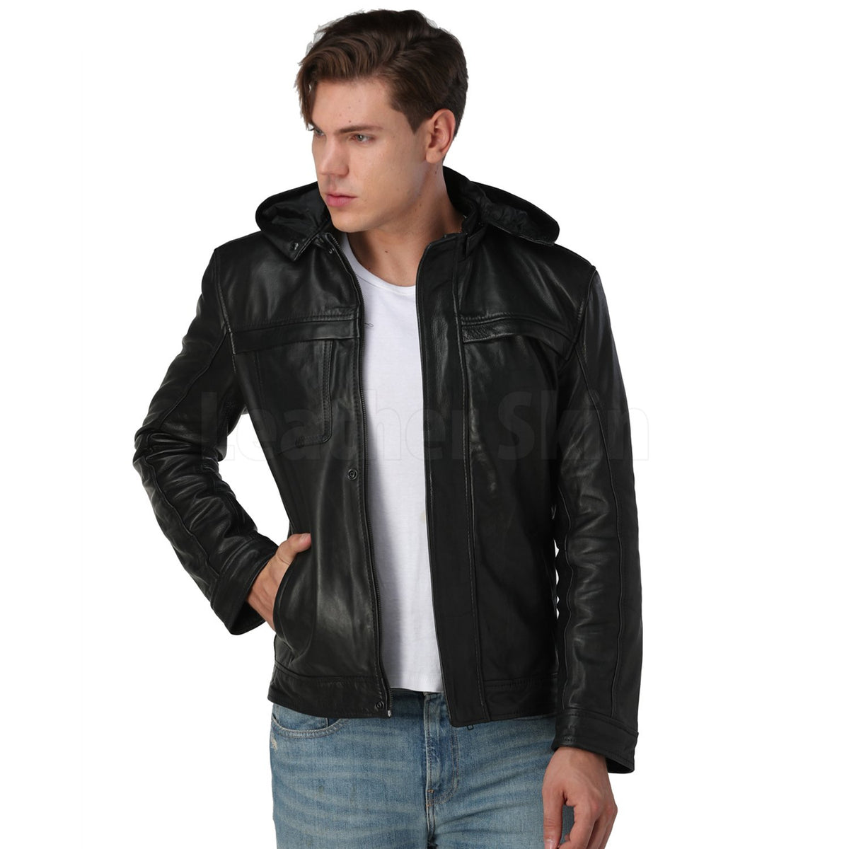 Denim Leather Jacket  Hooded Denim Leather Jacket