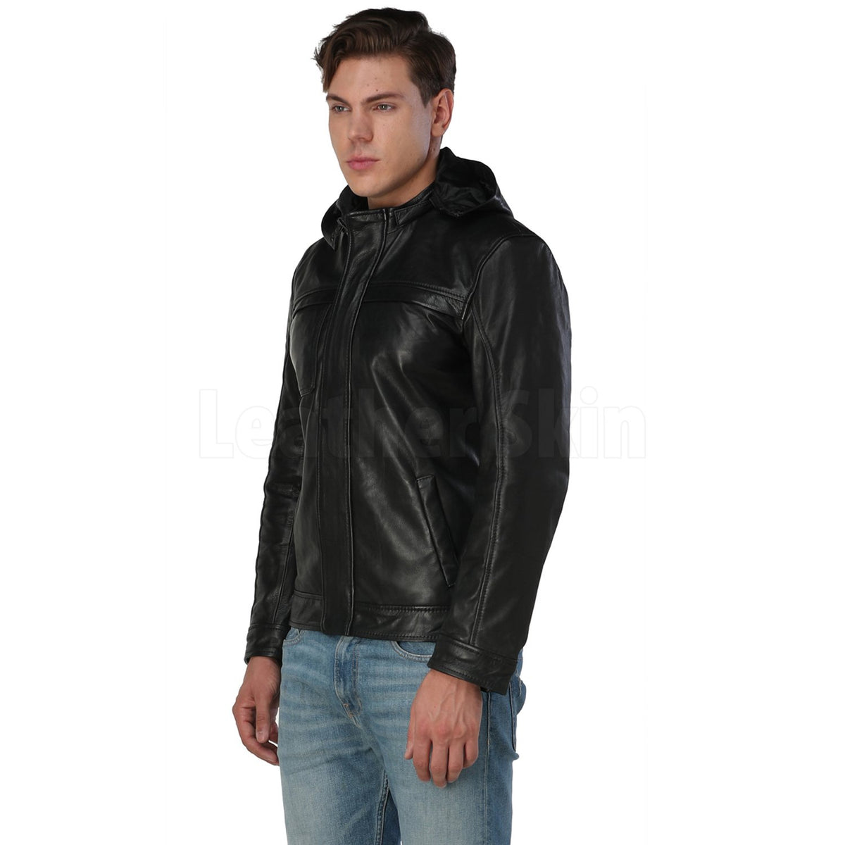 Men’s Black Hooded Leather Jacket
