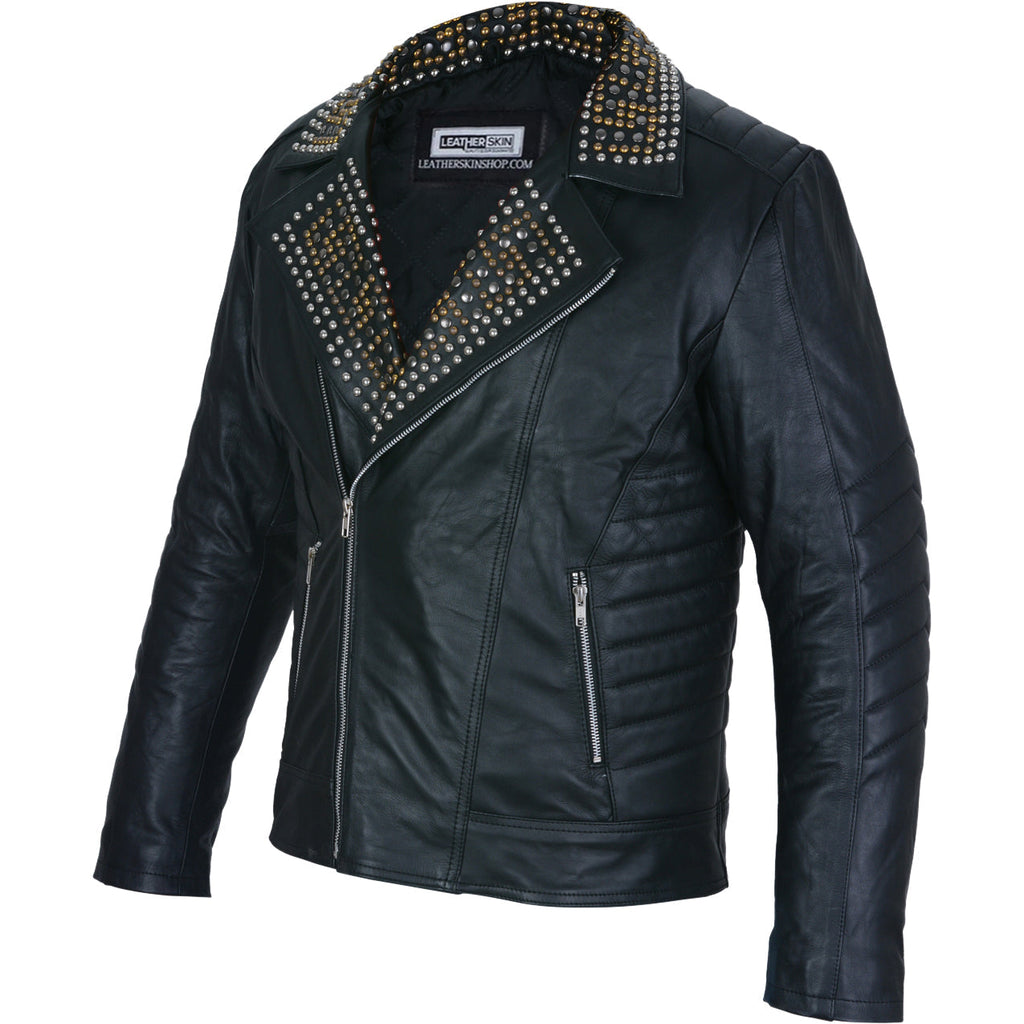 Mens Black Leather Jacket Studded Spiked Studs Punk Asymmetrical