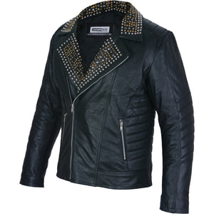 Mens Black Leather Jacket Studded Spiked Studs Punk Asymmetrical Zip Side Closed