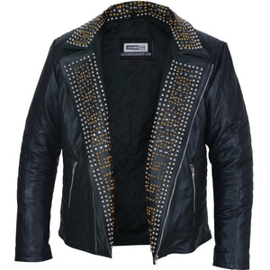 Mens Black Leather Jacket Studded Spiked Studs Punk Asymmetrical Zip  Front Open